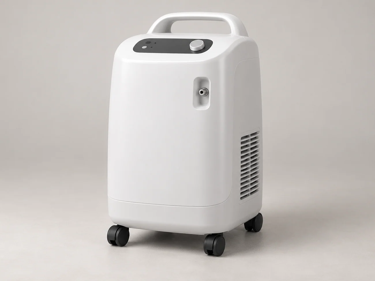 Compact stationary oxygen concentrator on caster wheels
