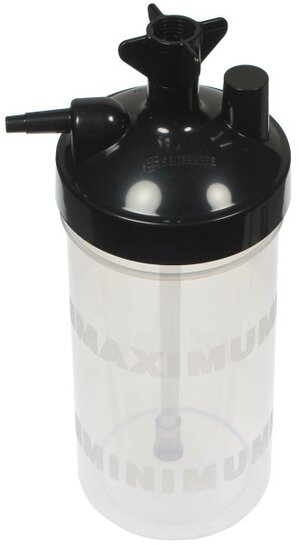 Drive DeVilbiss E7600-0 reusable oxygen bubble humidifier bottle with black cap, exact manufacturer image