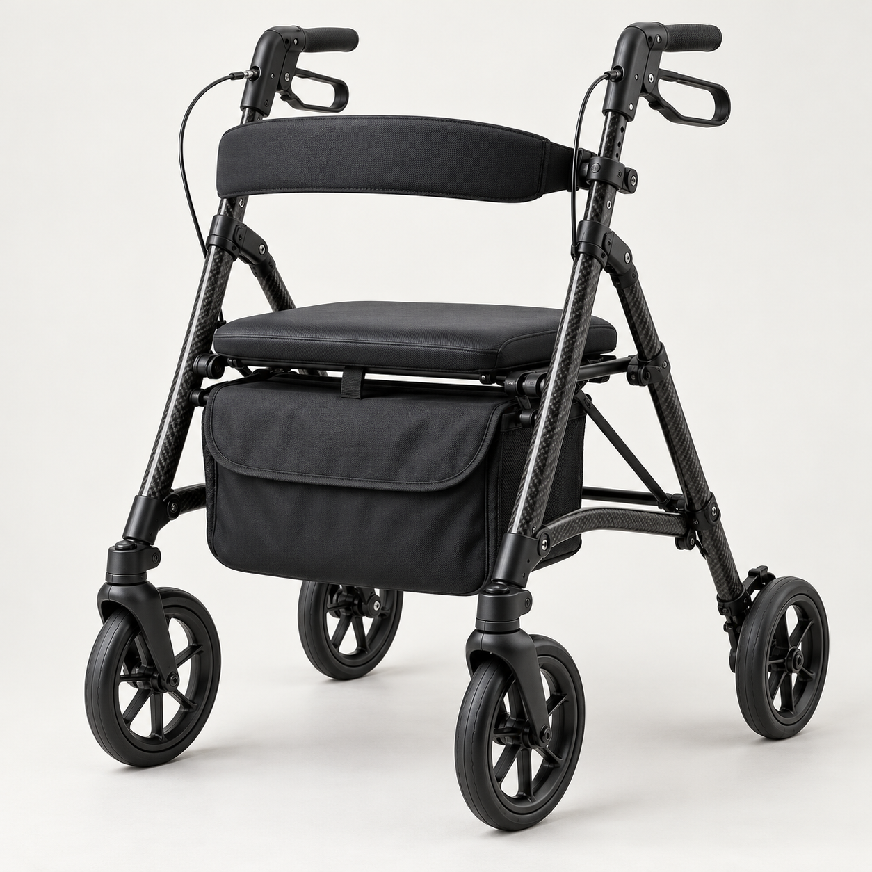 Four-wheel rollator walker with seat, backrest, brake handles and storage pouch