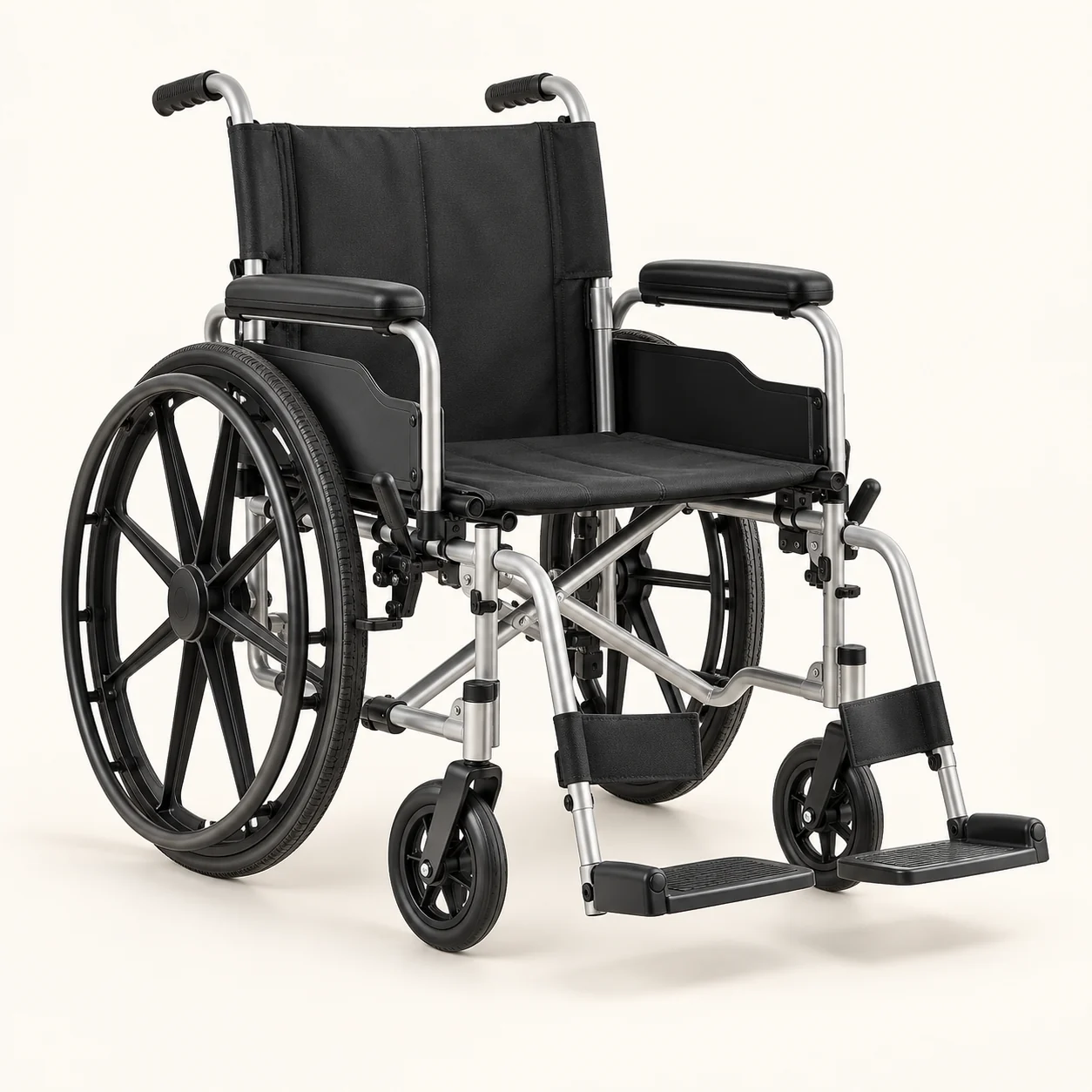 Manual folding wheelchair with silver frame, black upholstery and swing-away footrests