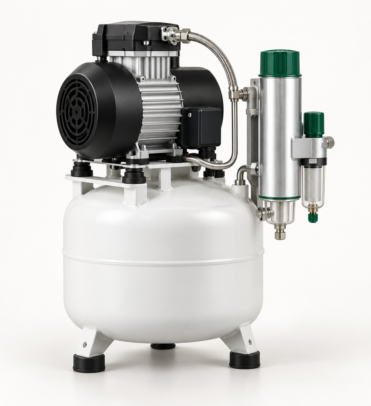 Single-head dental air compressor with storage tank and air treatment assembly