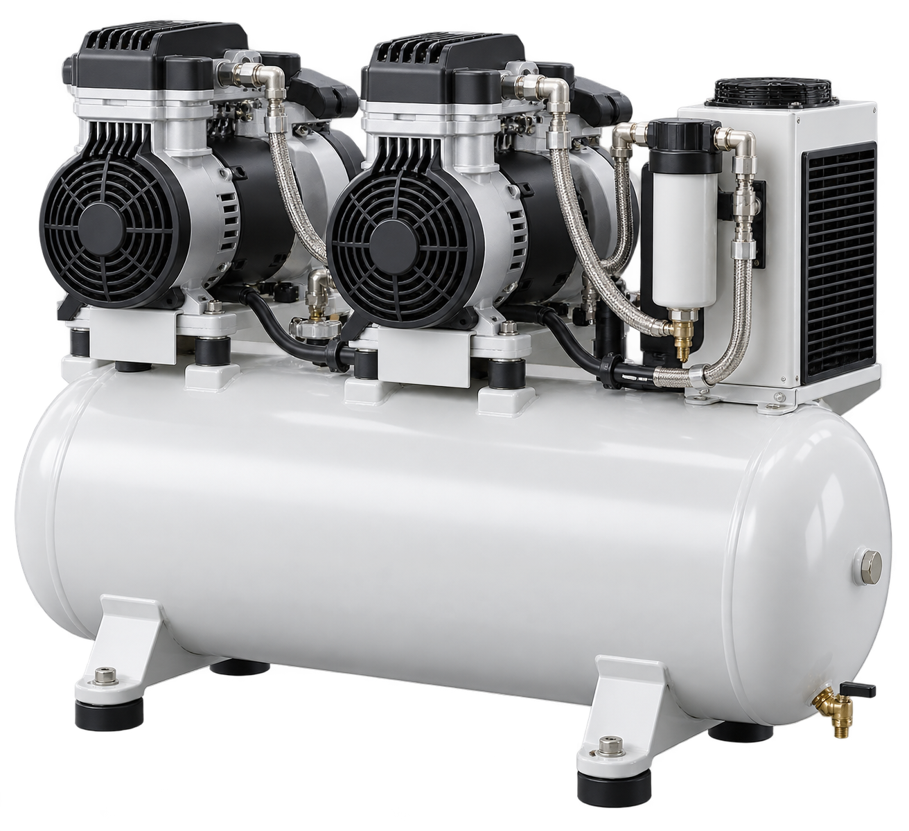Dental air compressor with twin compressor heads and air-treatment unit