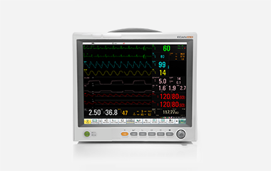 EDAN elite V Series modular patient monitor with carrying handle and waveform display