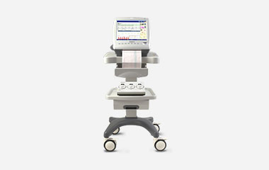 EDAN F9 Series maternal/fetal monitor on a rolling trolley with recorder and transducer tray