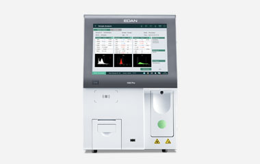 EDAN H30 Pro benchtop 3-part hematology analyzer with a touchscreen showing histograms and a built-in printer