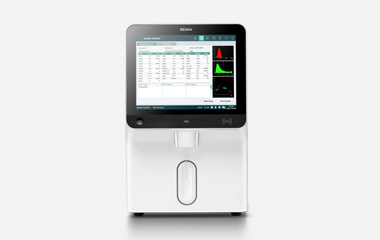 EDAN H60 white benchtop hematology analyzer with a touchscreen showing result histograms