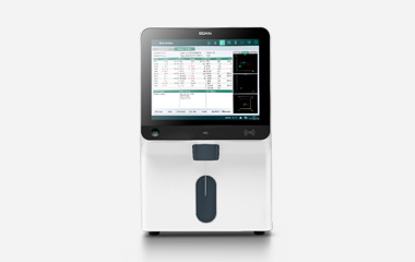 EDAN H80 white benchtop hematology analyzer with a large touchscreen and sample aspiration door