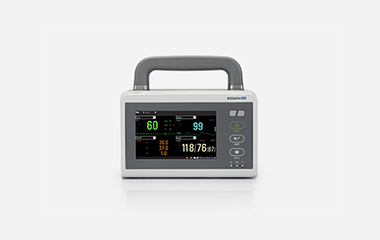 EDAN iM20 compact transport patient monitor with a grey carrying handle and colour display