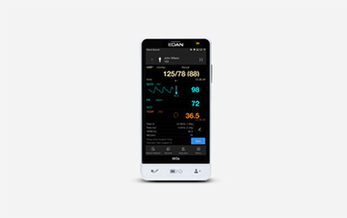 EDAN iM3s compact vital signs monitor showing blood pressure, SpO2, pulse and temperature readings