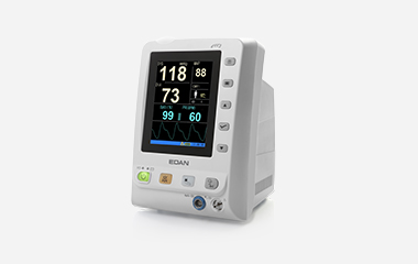 EDAN M3 angled vital signs monitor with side keys and a display of blood pressure, pulse and SpO2