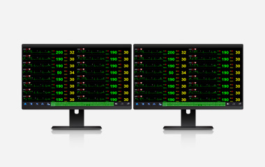 Two desktop screens showing a multi-patient list of vital-sign waveforms for central monitoring