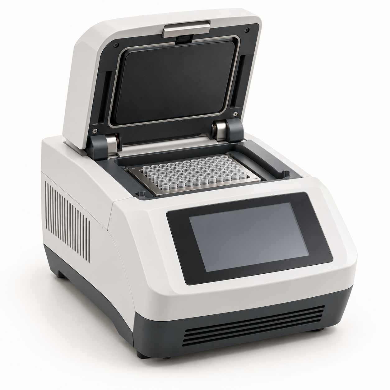 Benchtop PCR thermal cycler with an open heated block lid
