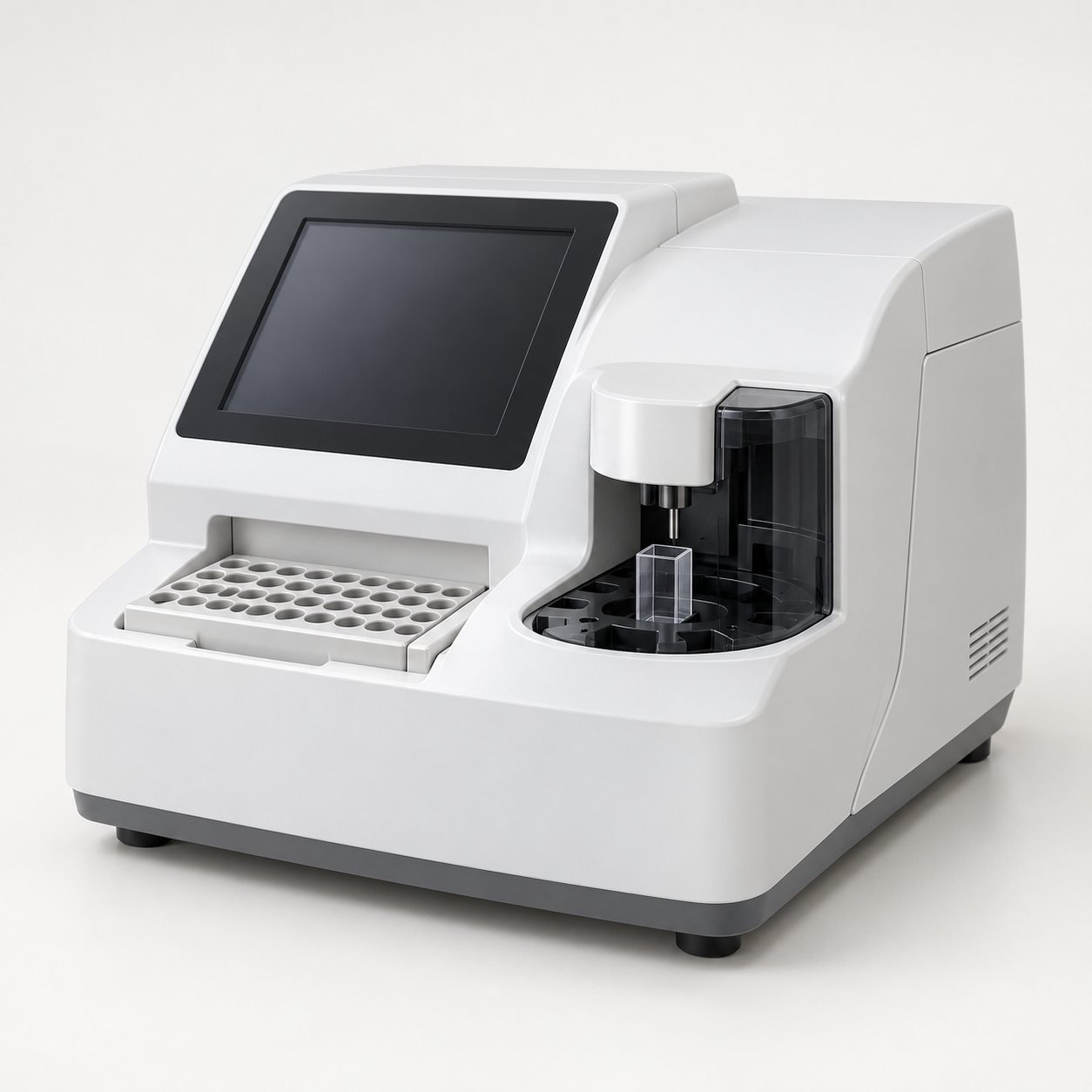 Compact clinical chemistry analyzer with angled display and integrated cuvette area