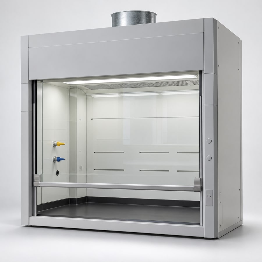 Four-foot ducted laboratory fume hood with clear sliding sash and exhaust collar