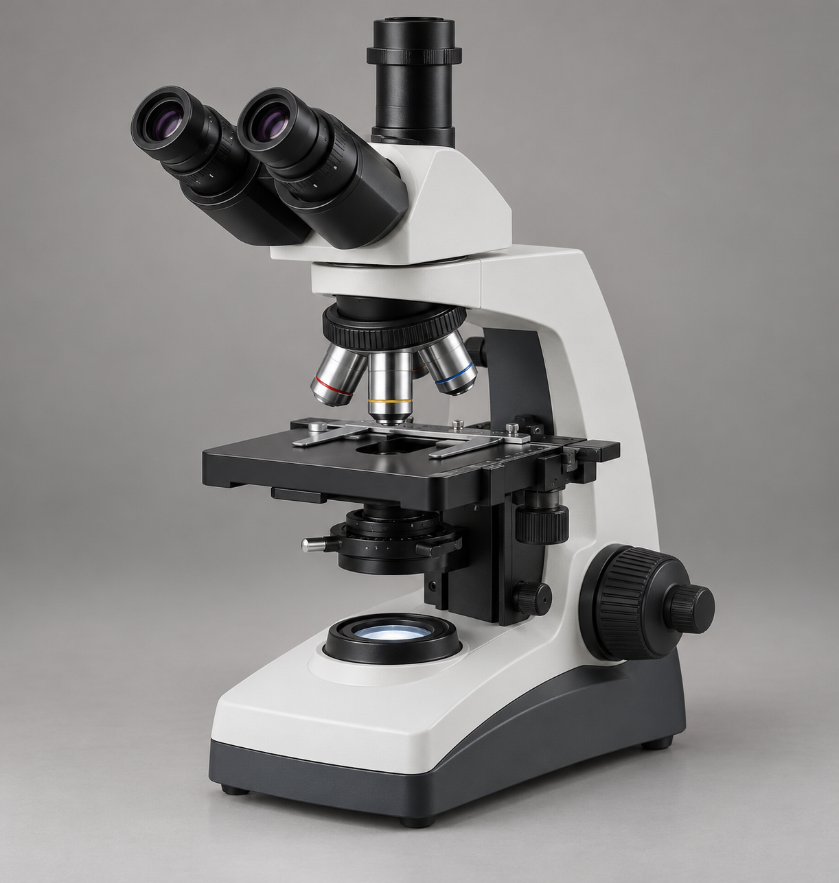 Upright trinocular laboratory microscope with mechanical stage and LED base
