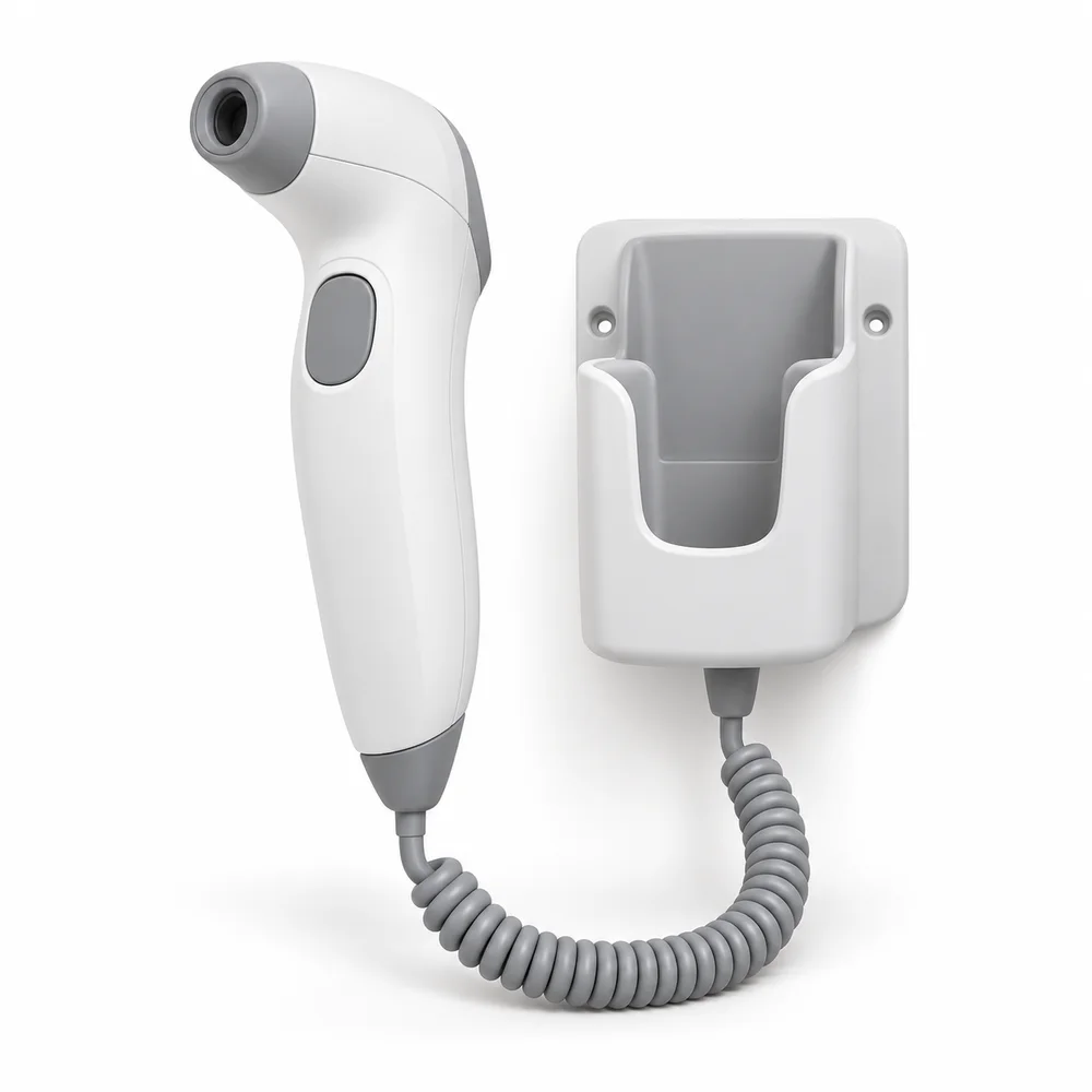 Temporal artery thermometer with wall holder