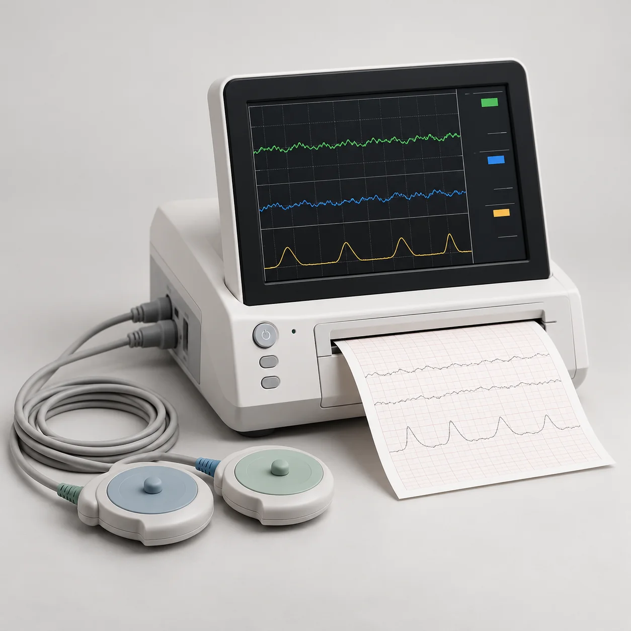 Fetal and maternal monitor with display, recorder and sensor leads
