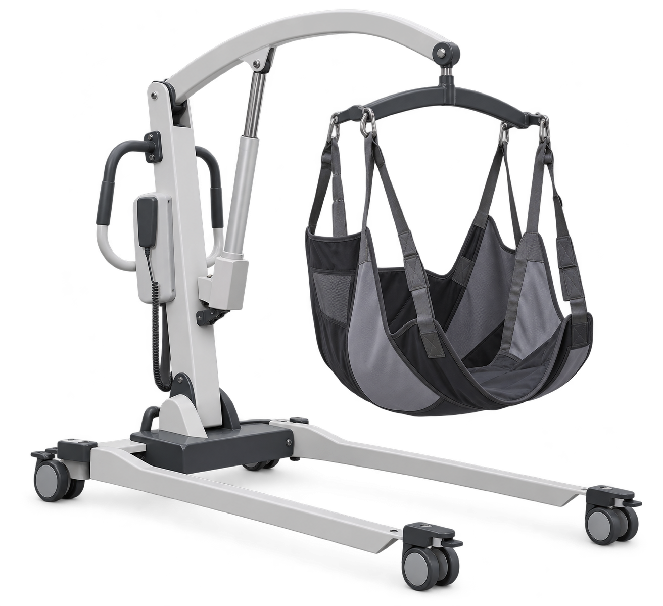 Generic bariatric mobile patient floor lift with reinforced wheeled base, lifting boom and empty sling
