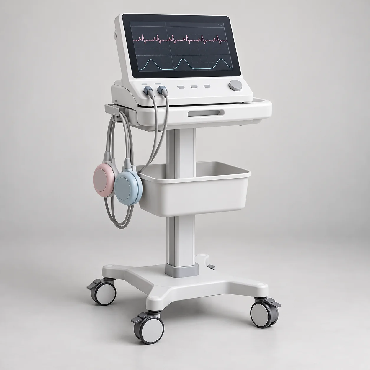 Maternal and fetal monitor with display, sensor leads and recorder