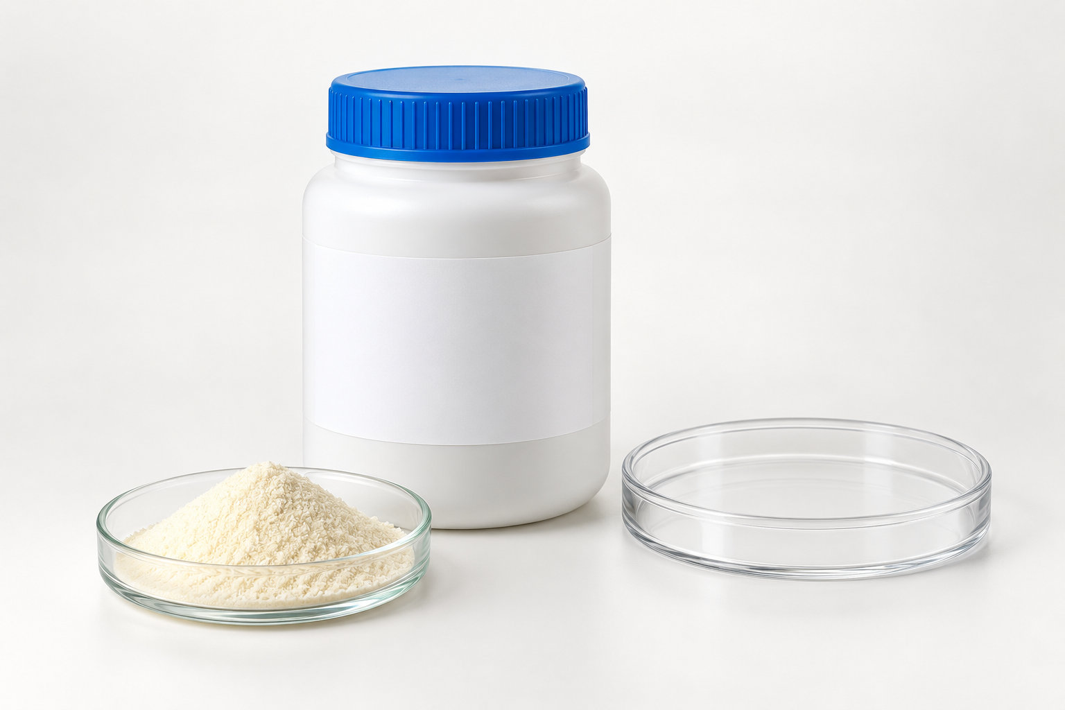 Dehydrated culture medium powder with an unbranded laboratory container and Petri dishes