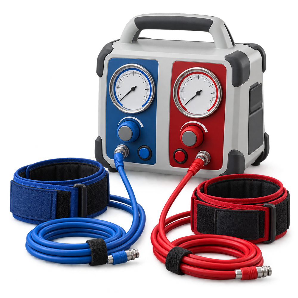 Compact surgical tourniquet controller with pneumatic hoses and cuffs