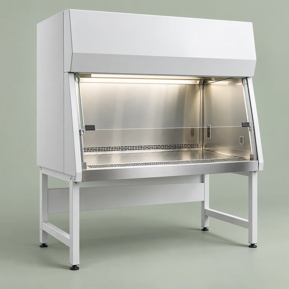 Class II biological safety cabinet with clear front sash, stainless-steel work area and support stand