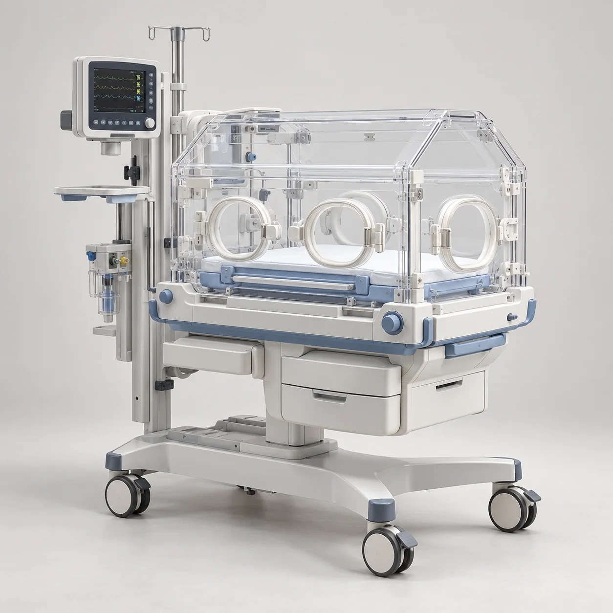 Neonatal incubator with a clear canopy, access ports and integrated monitor