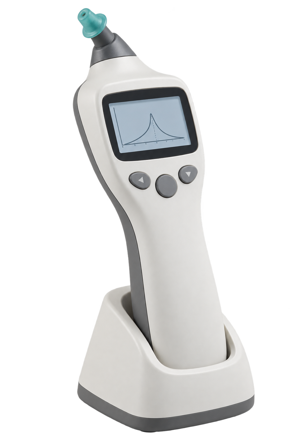 Generic compact handheld tympanometer with integral ear probe, small display and charging cradle