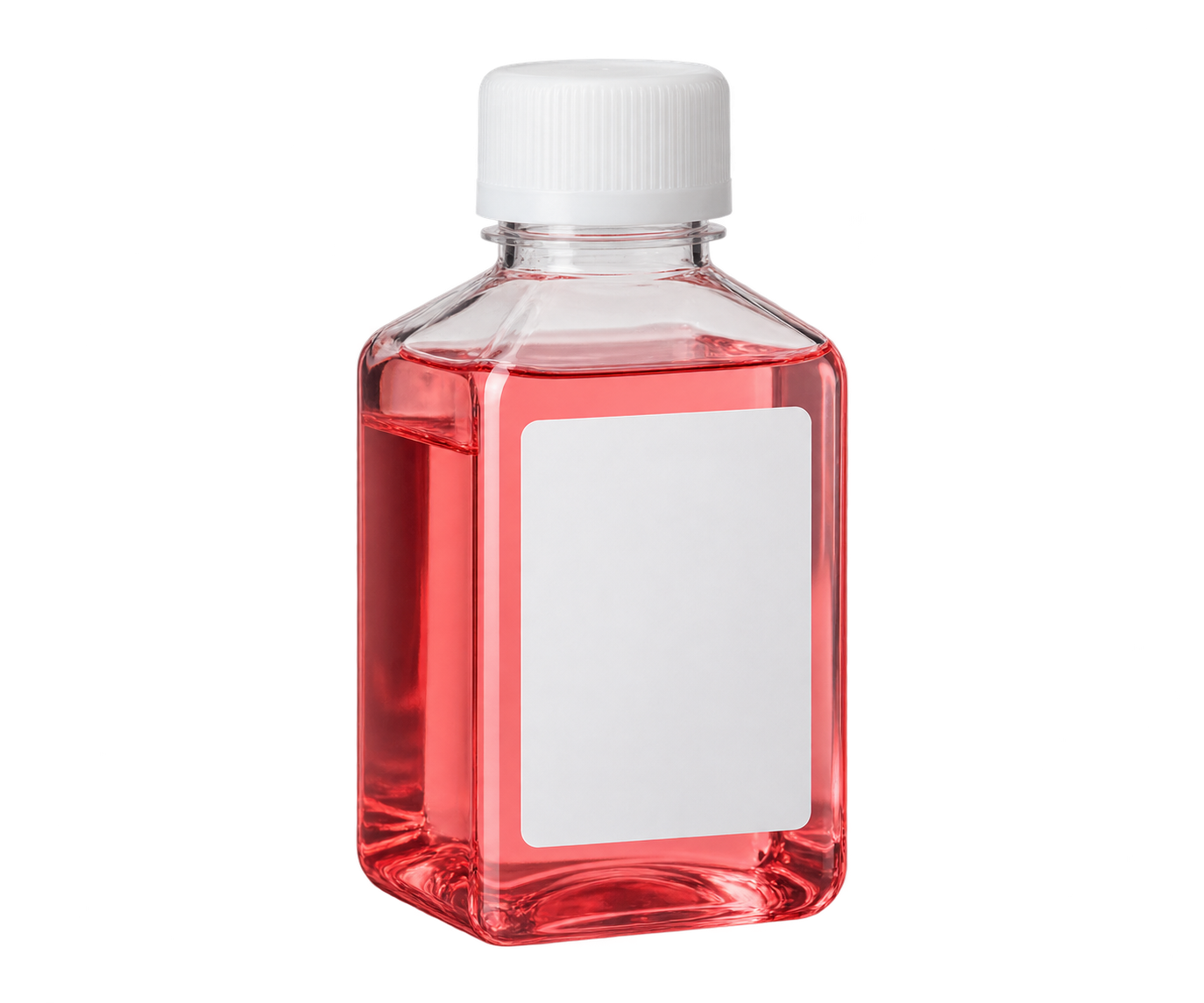 Generic cell-culture medium bottle containing rose-red liquid