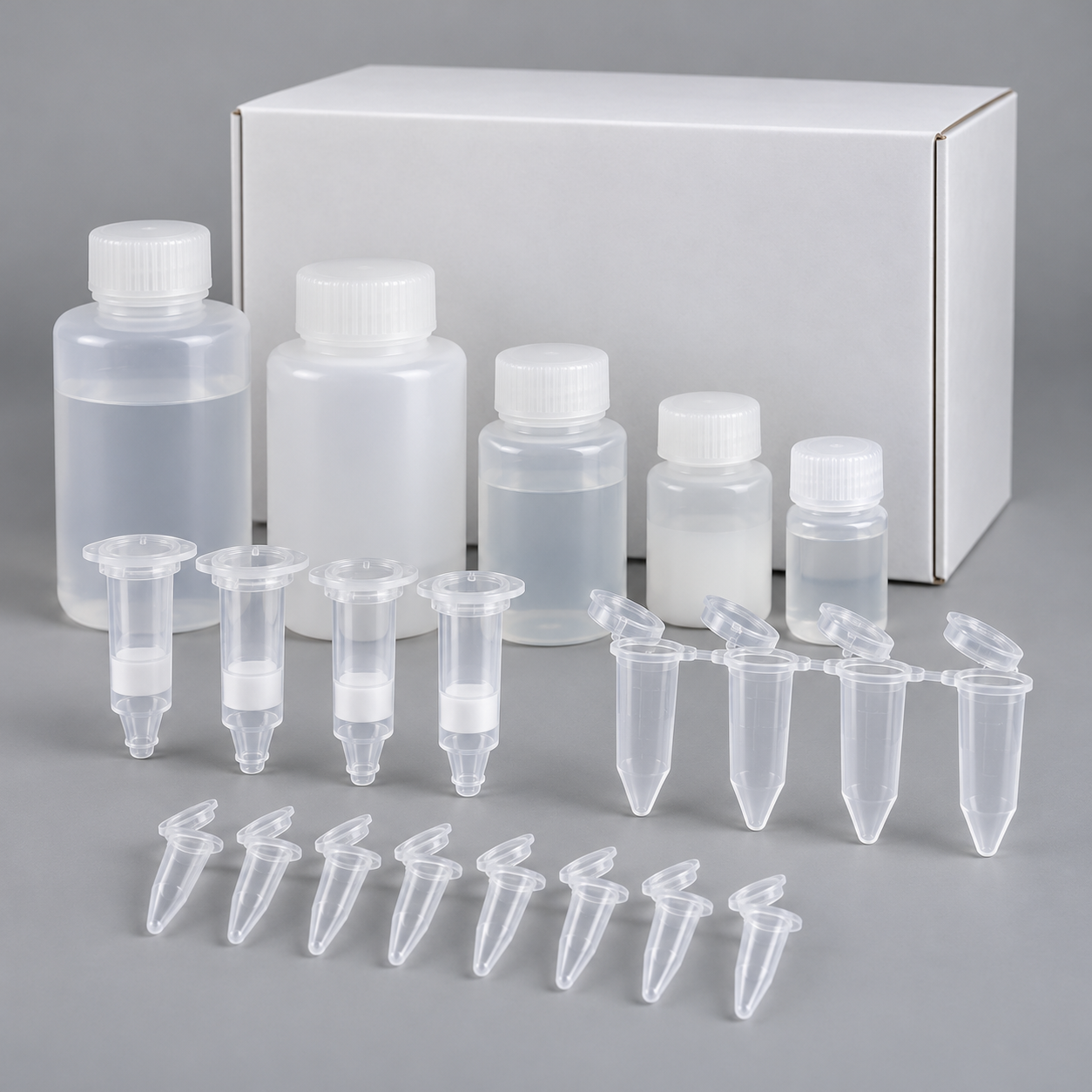 Unbranded laboratory purification kit carton, spin columns, reagent bottles and tubes