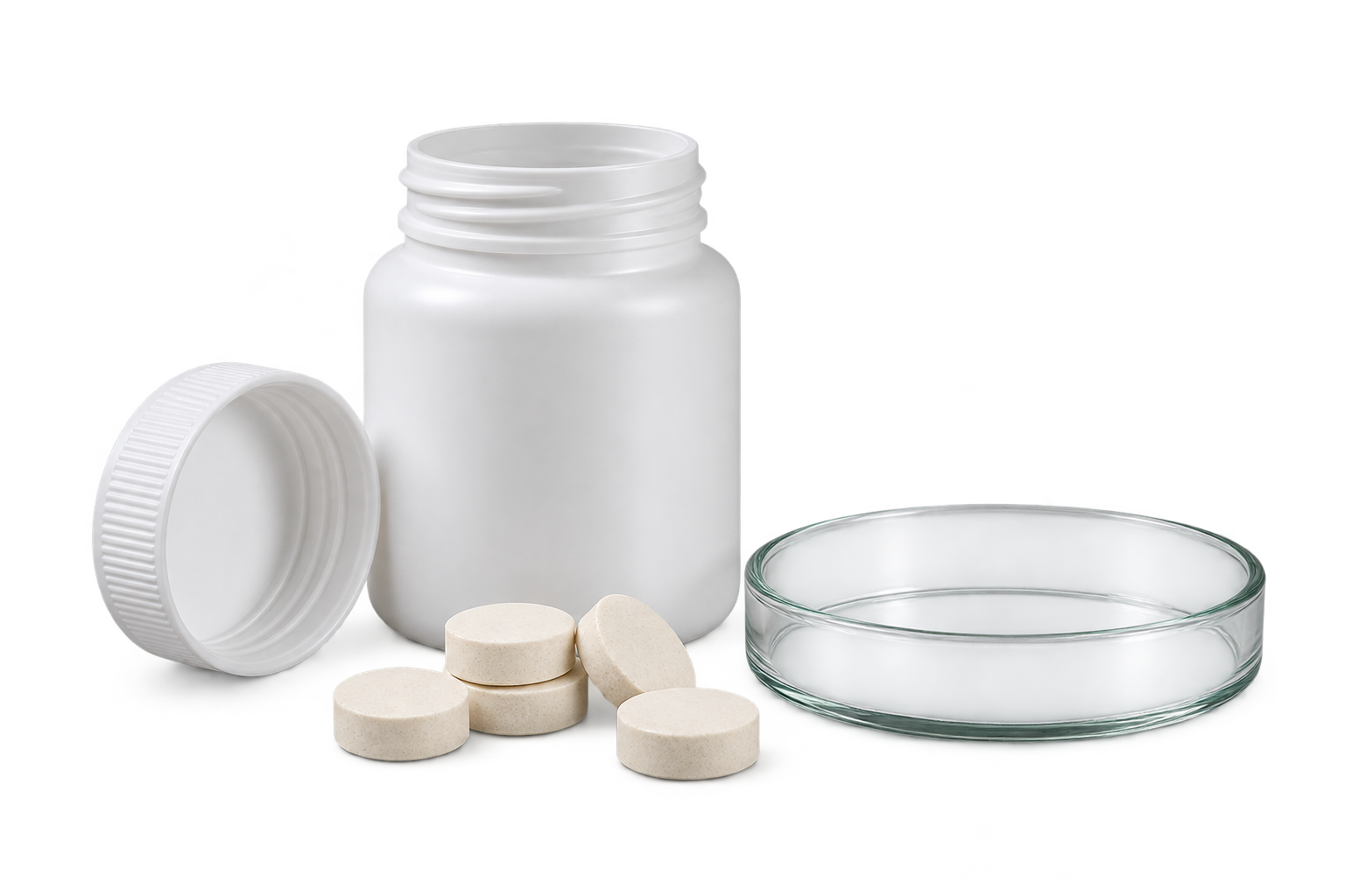 Laboratory reagent jar with nutrient agar tablets and a glass dish