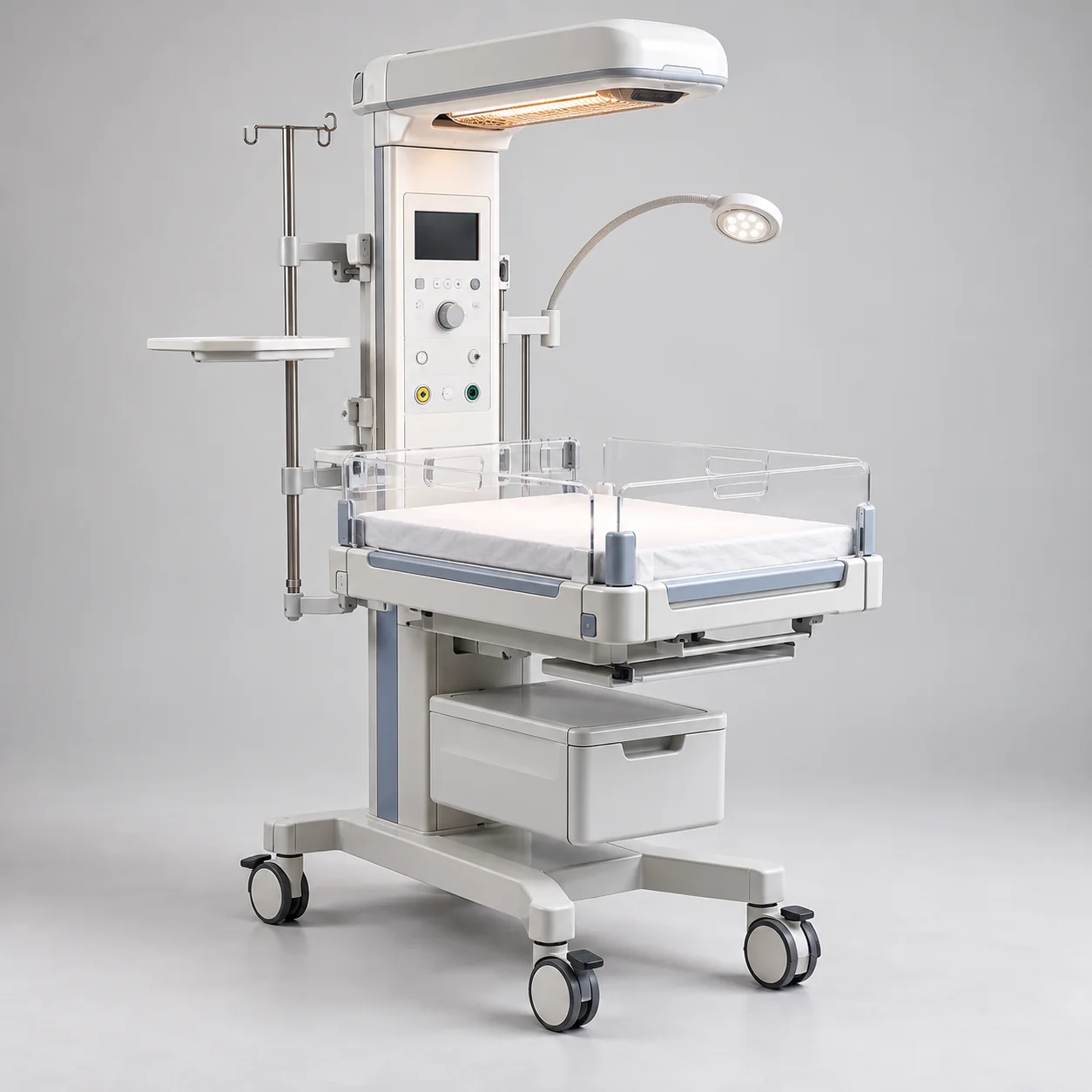 Neonatal radiant warmer with open infant bed, overhead heater and control display