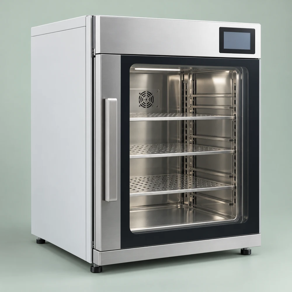 Upright laboratory CO2 incubator with stainless interior shelves, glass-front door and touchscreen