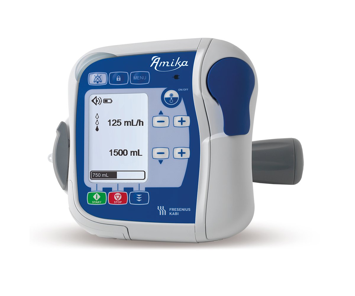 Fresenius Kabi Amika enteral nutrition pump with holder, manufacturer product image
