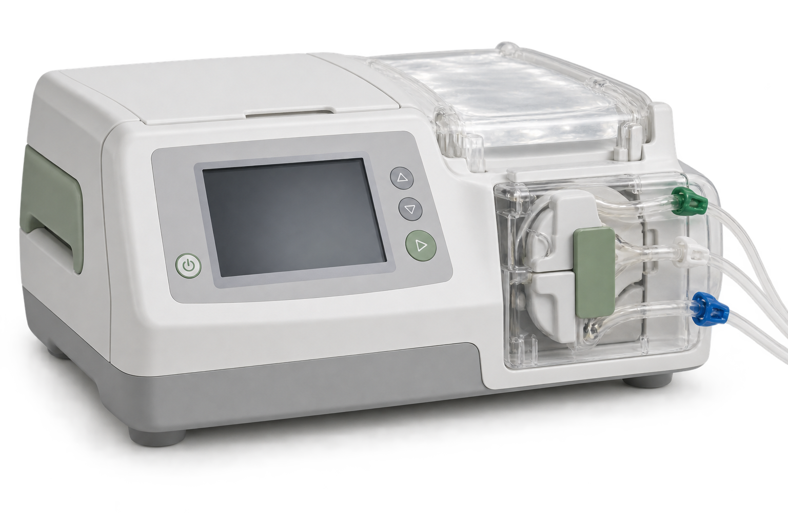 Compact peritoneal dialysis cycler with a display, control buttons and fluid tubing connections