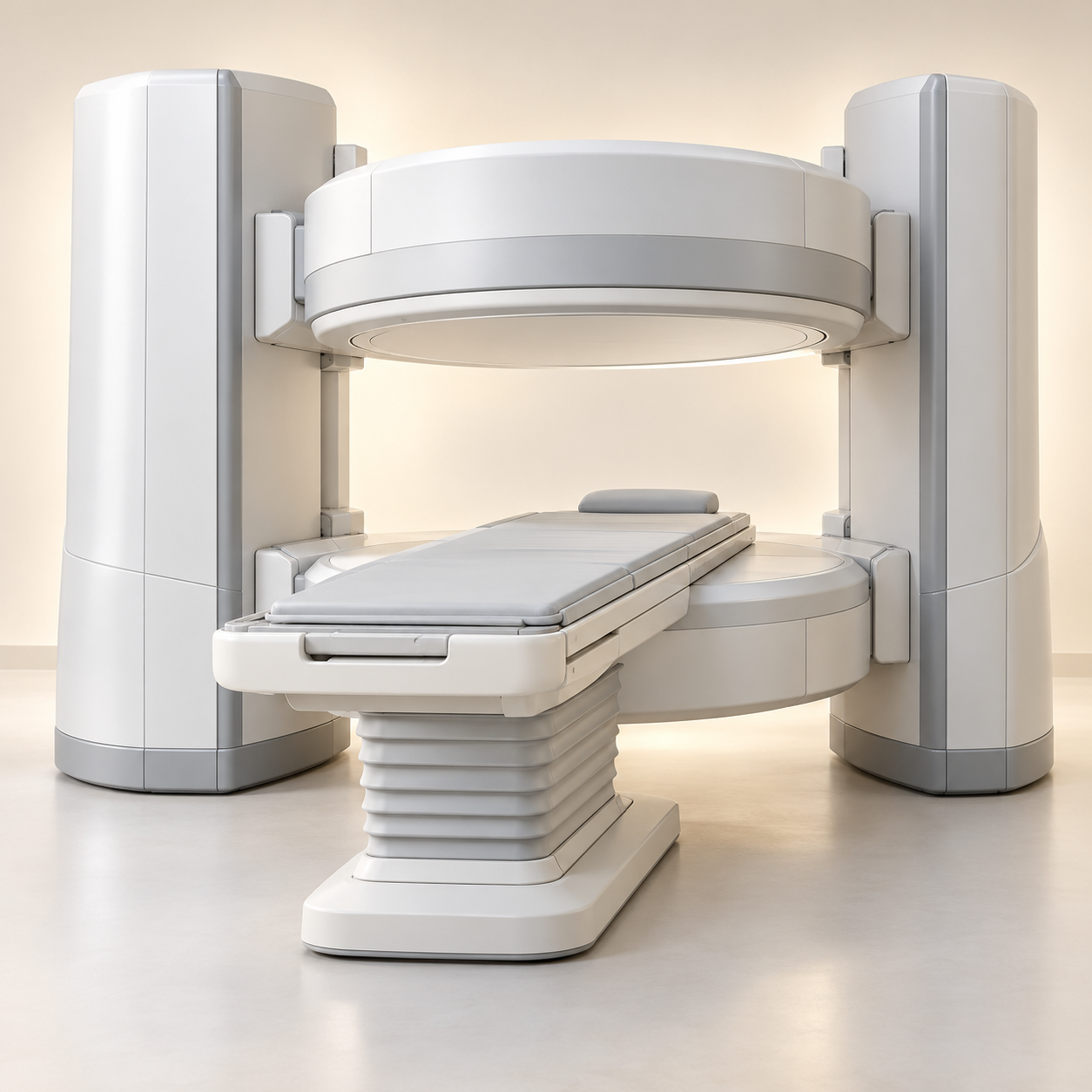 Open two-pillar MRI scanner with patient table