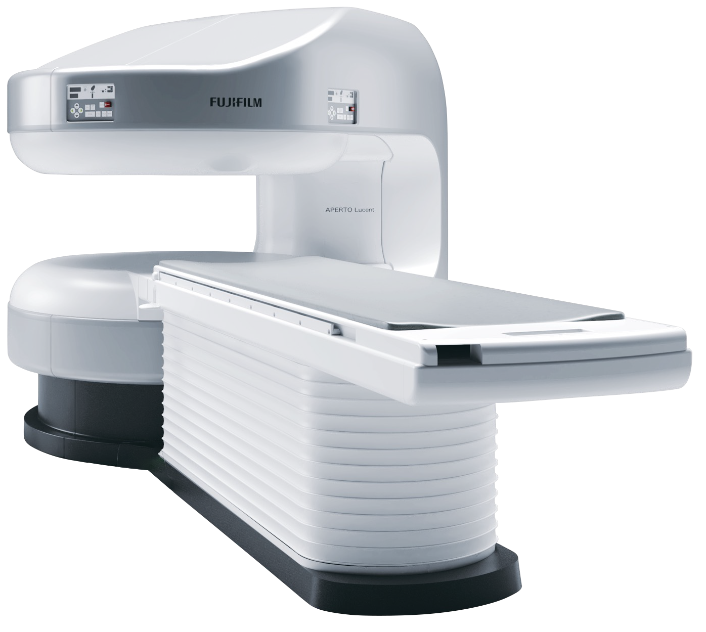 Fujifilm APERTO Lucent open-sided MRI scanner with patient table, official manufacturer product image