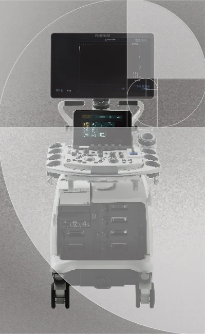 Fujifilm ARIETTA 850 manufacturer presentation image with reference graphic background