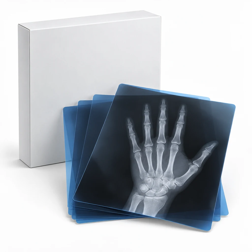 Dry imaging film sheets showing a hand radiograph