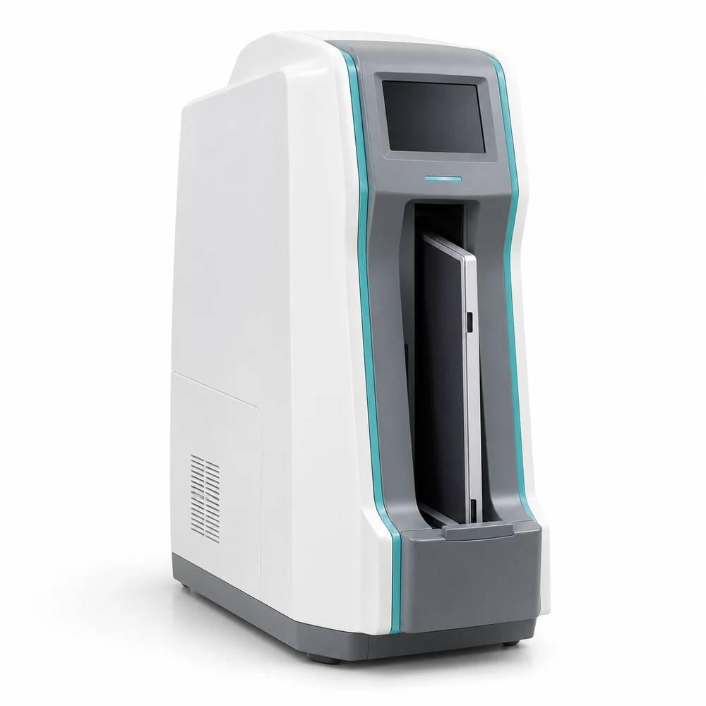 Compact vertical computed radiography imaging-plate reader