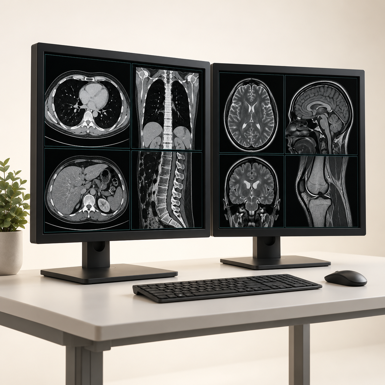 Generic dual-monitor diagnostic workstation showing anonymized radiology images