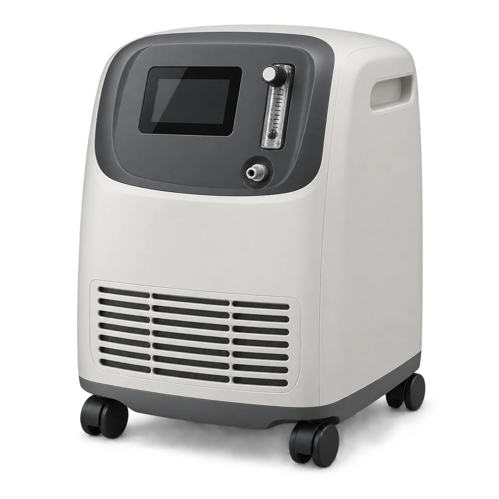 Compact stationary oxygen concentrator with display and caster wheels