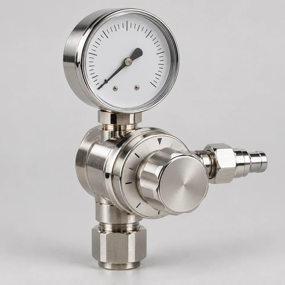Medical oxygen cylinder regulator with pressure gauge and flow selector