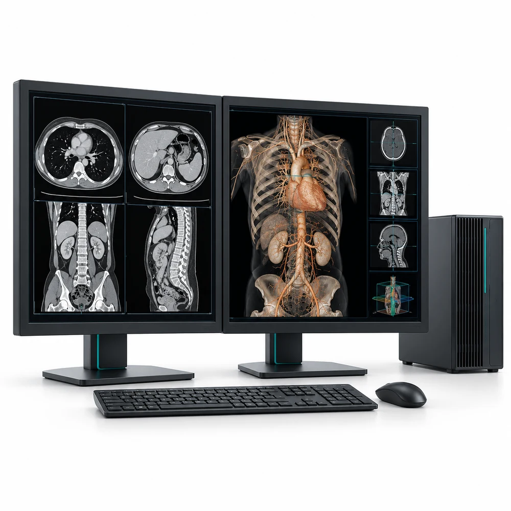 Radiology workstation displaying CT views and a three-dimensional anatomical reconstruction