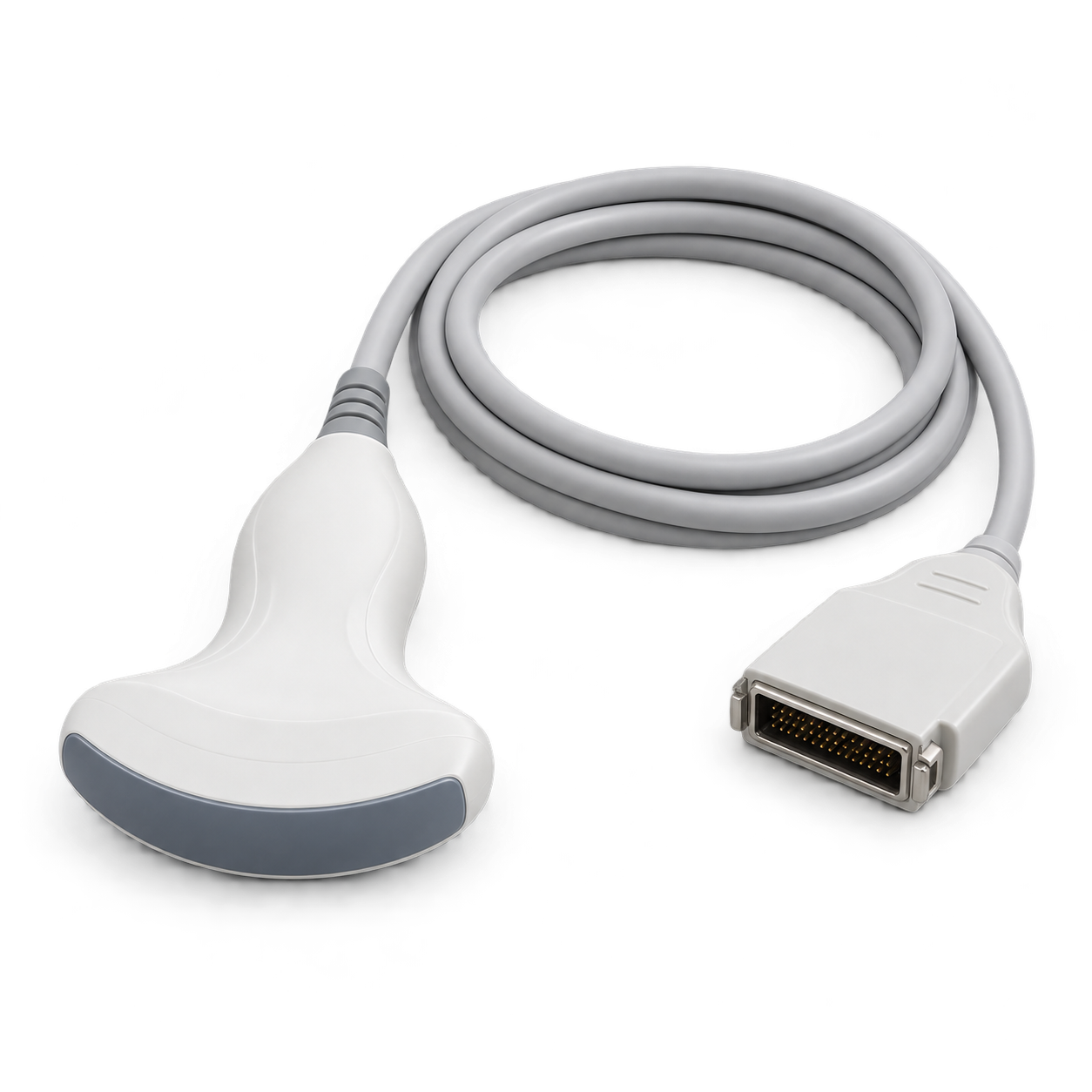 Convex-array ultrasound probe with a curved scanning head and cable connector
