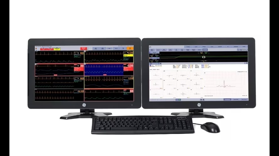 GE HealthCare CARESCAPE Central Station dual-display workstation, official product image; configuration to confirm