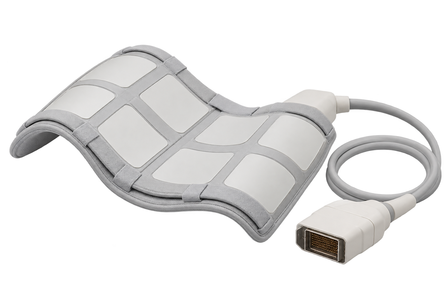 Flexible anterior MRI radiofrequency array coil and connector cable