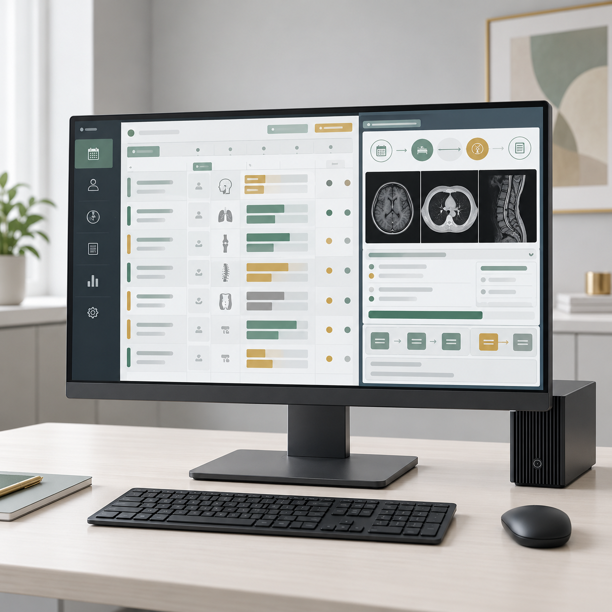 Generic radiology workflow workstation with scheduling interface and anonymized imaging panels