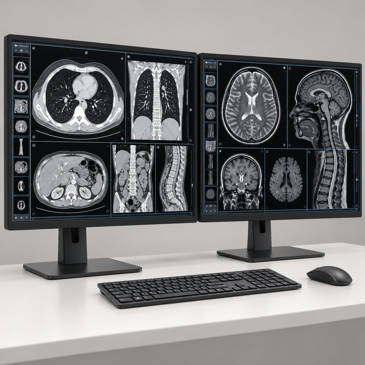Dual-screen workstation showing grayscale CT and MRI studies