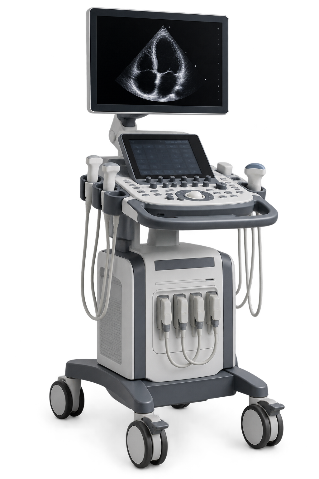 Echocardiography ultrasound workstation with monitor, console and transducer holders